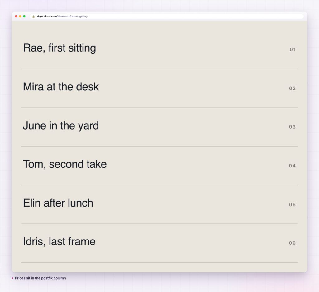 Reveal gallery for Elementor with a numbered postfix column