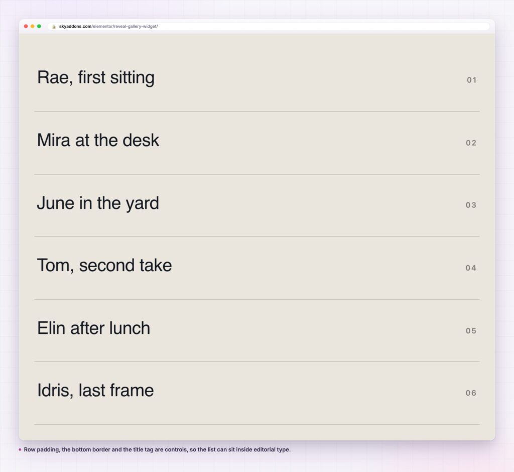 Reveal gallery as a numbered editorial list