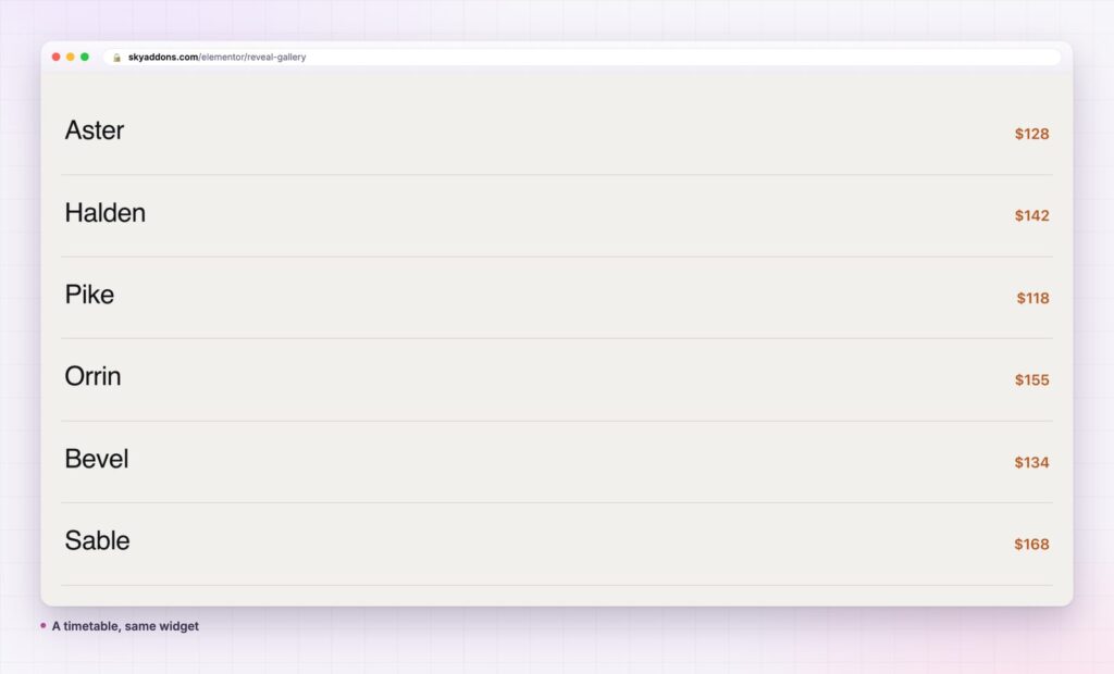 Reveal gallery for Elementor used as a price list