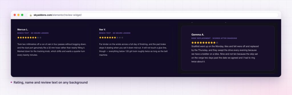 Review widget in Elementor: three dark review cards with star ratings and short quotes