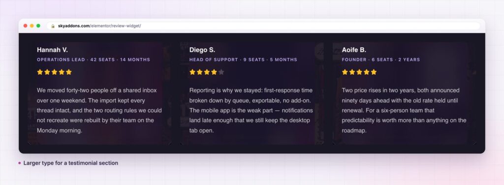 Elementor review widget: larger review cards on a dark background for a testimonial section