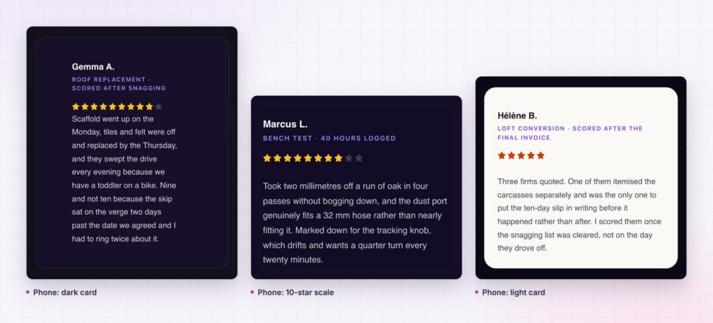 Review widget on a phone: a dark card, a 10-star card and a light card