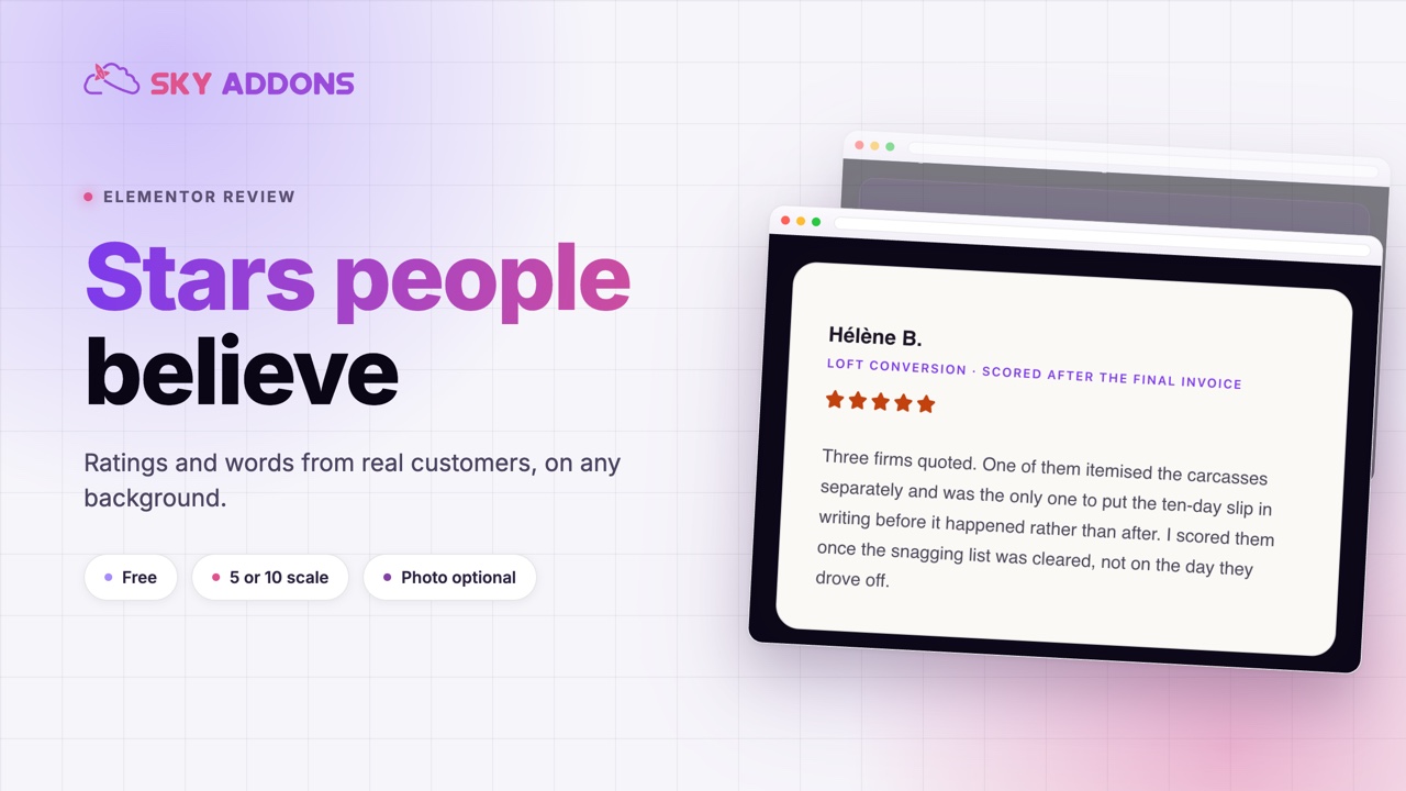 Review widget in Elementor: three dark review cards with star ratings and short quotes
