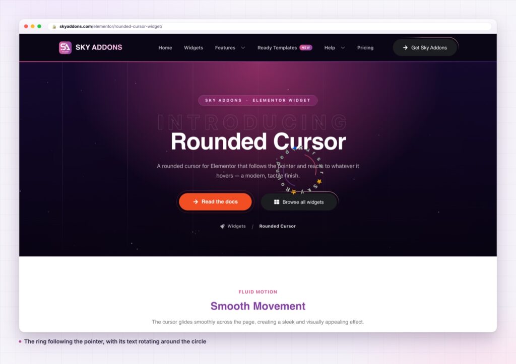 Rounded cursor following the pointer across an Elementor hero