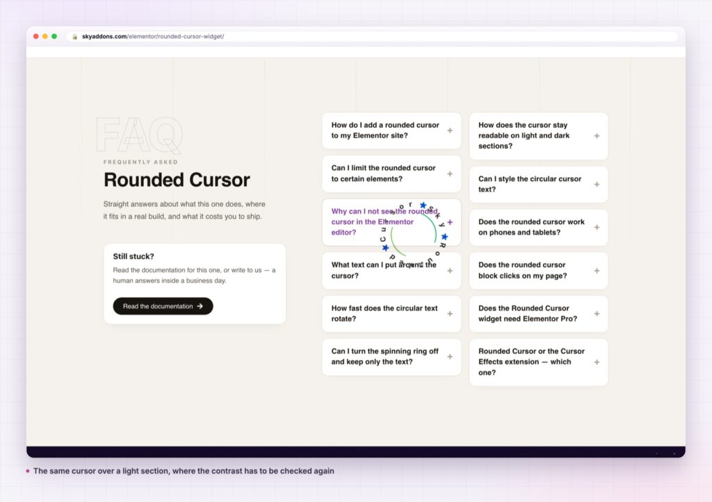 Rounded cursor over a light section of the same page