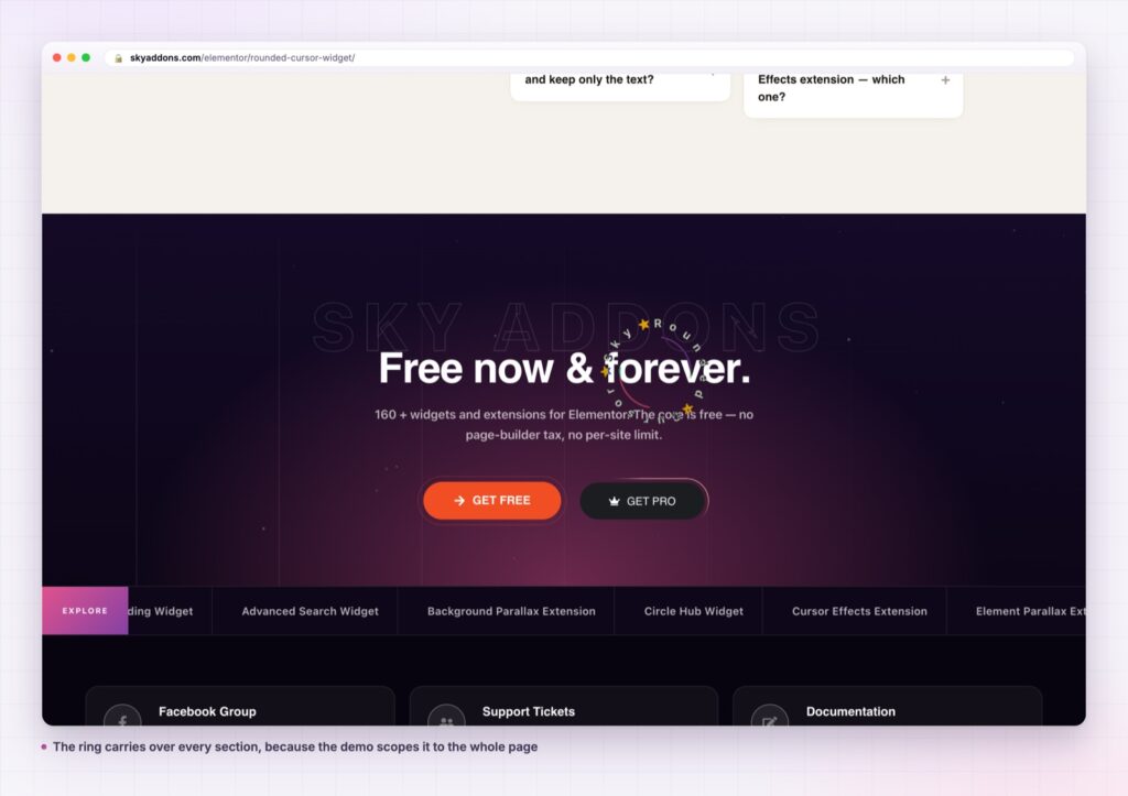 Rounded cursor carrying across every section of the page