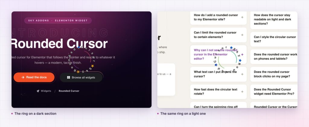 Rounded cursor ring on a dark section and on a light one