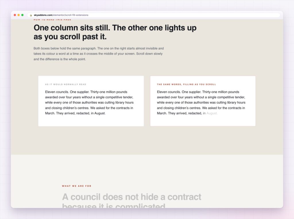 Elementor scroll fill colouring a statement headline as the page scrolls
