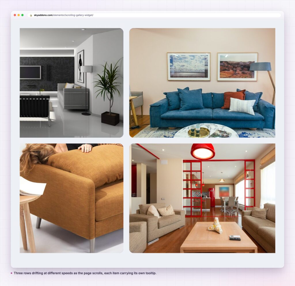 Scrolling gallery for Elementor with three rows of interior photographs