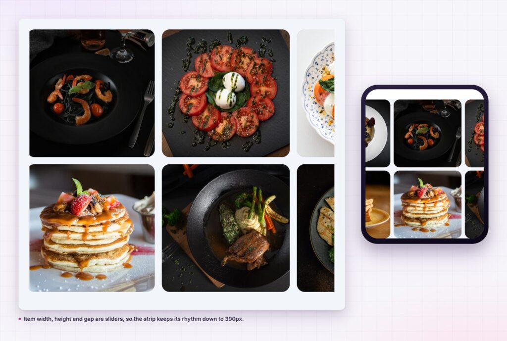 Scrolling gallery of plated dishes on desktop and phone