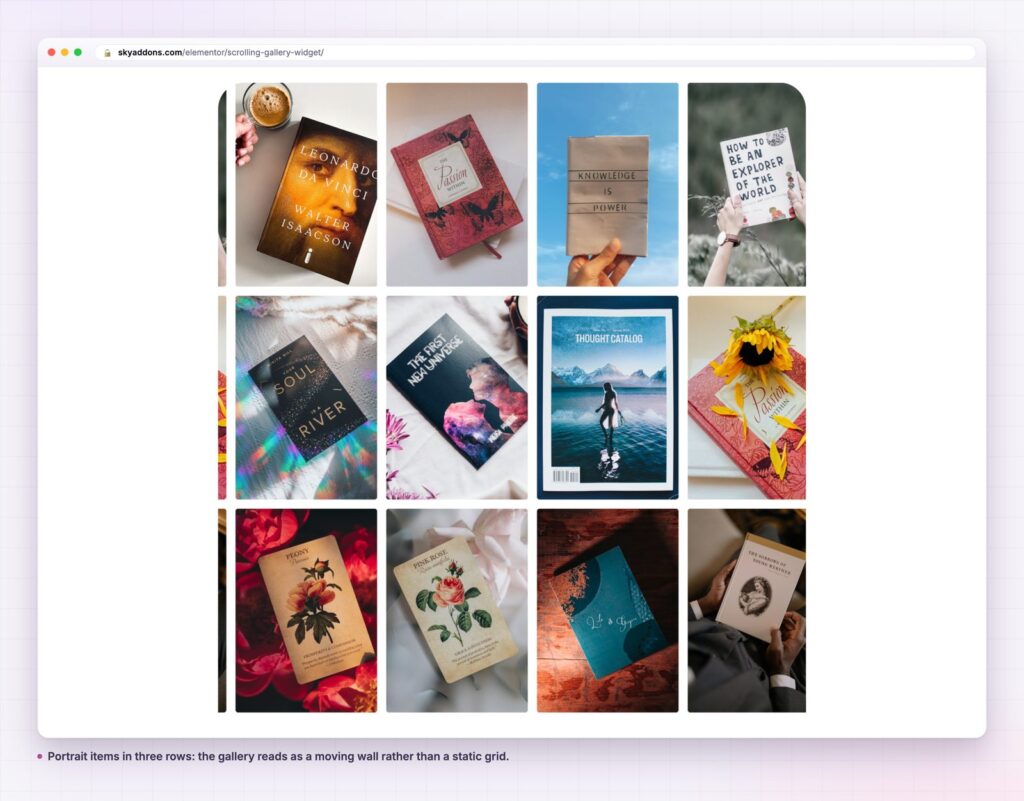 Scrolling gallery with portrait book covers in three rows