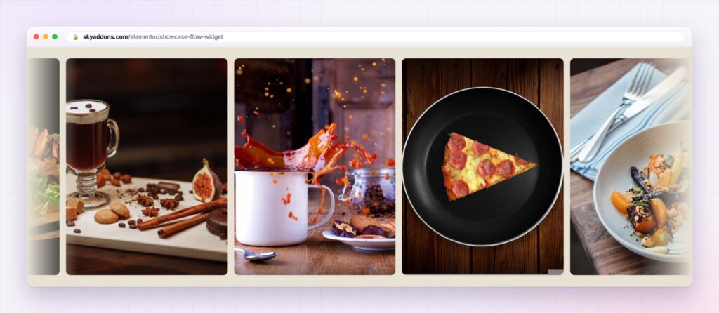 Elementor showcase flow strip of food photography drifting across a section