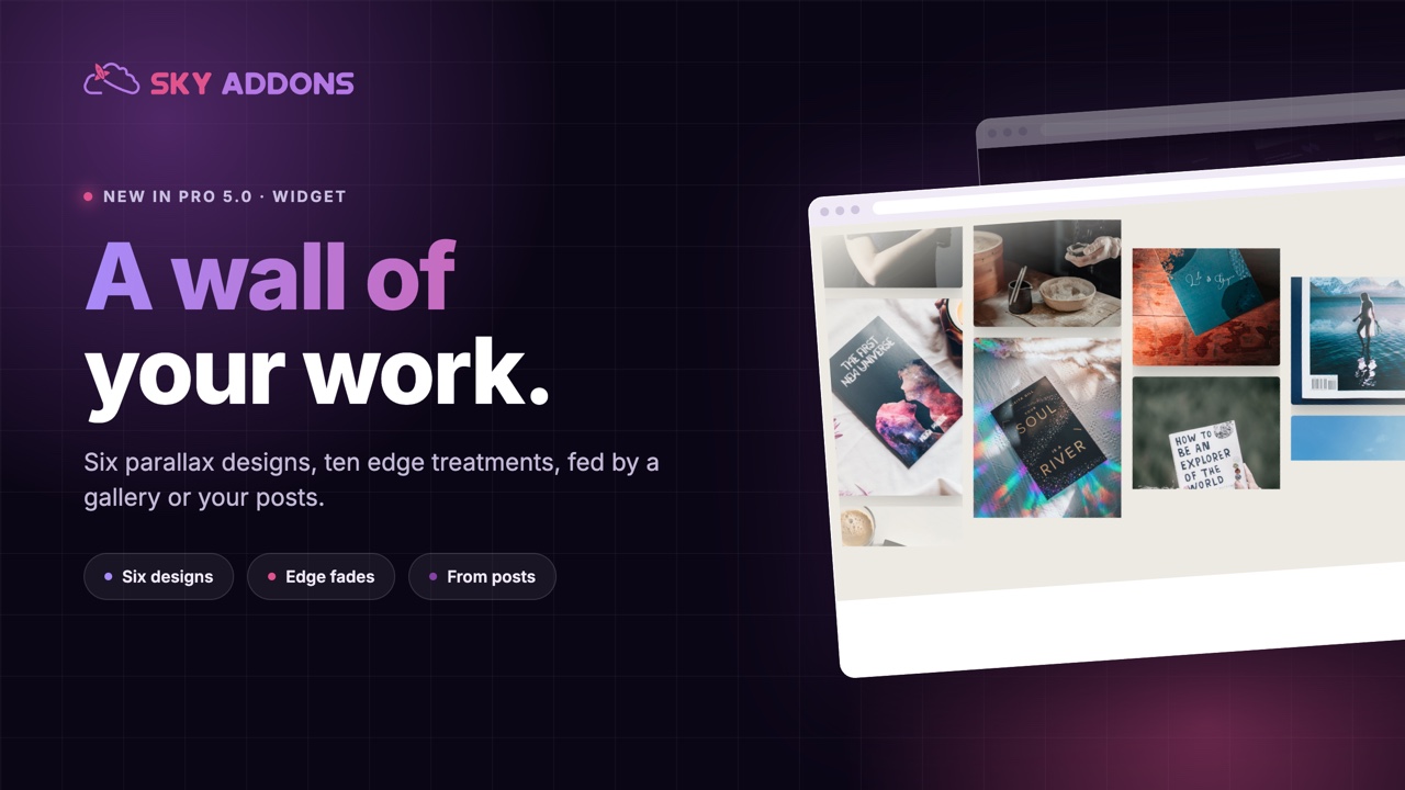 Elementor showcase wall with columns of images drifting at different speeds