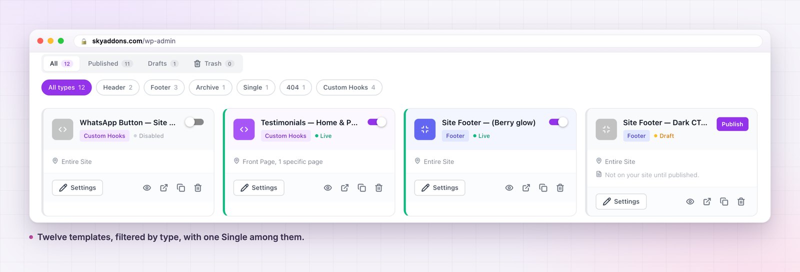 The theme builder template list with the single post template