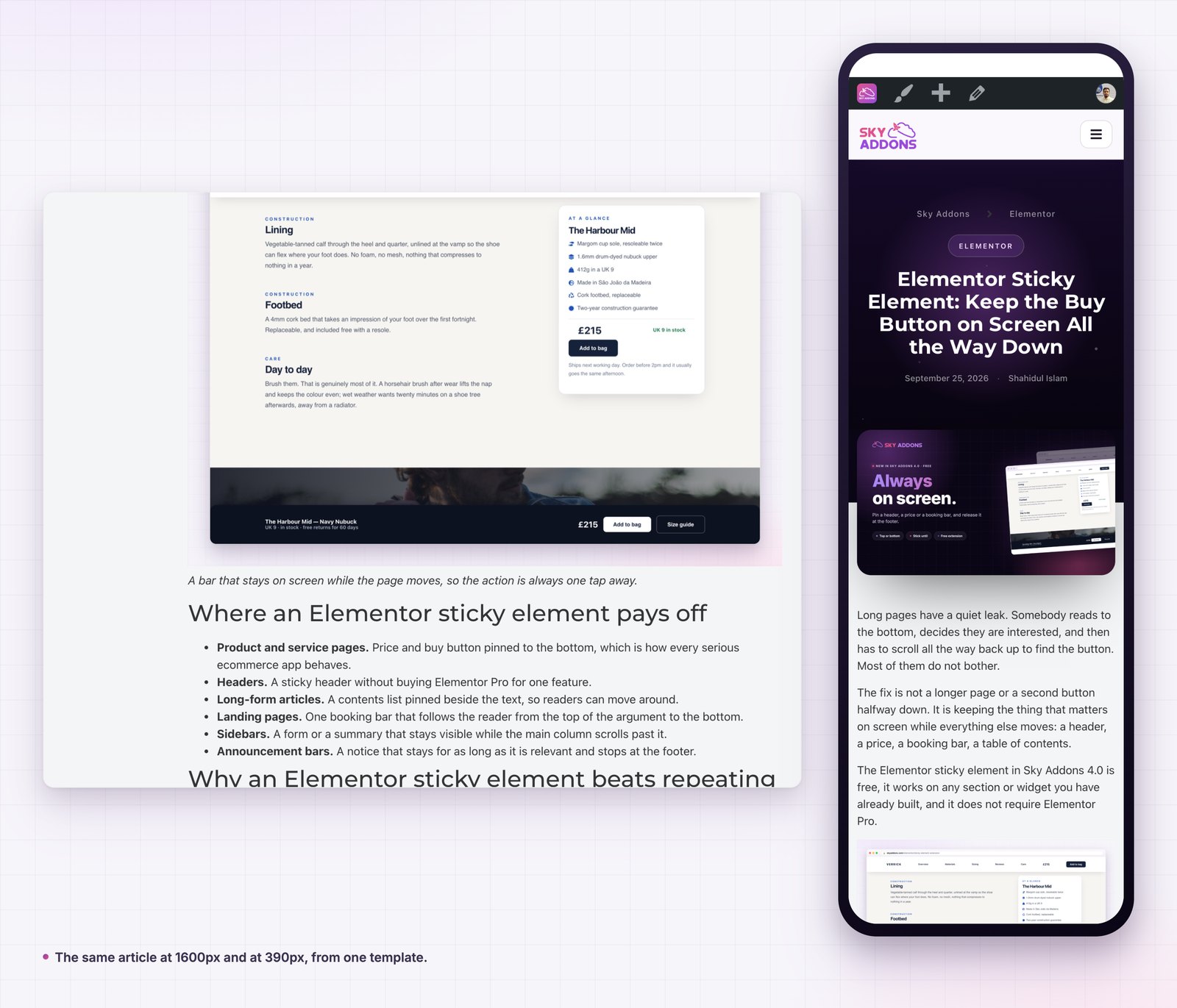 Single post template at desktop and phone width