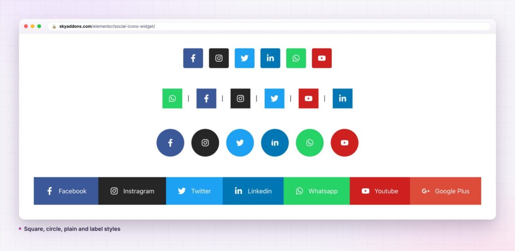 Social icons in Elementor: square icons, separator icons, circles and a labelled bar