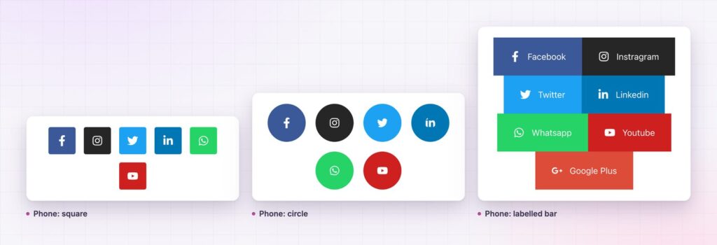 Elementor social icons: plain icons with separators, text links and a labelled bar