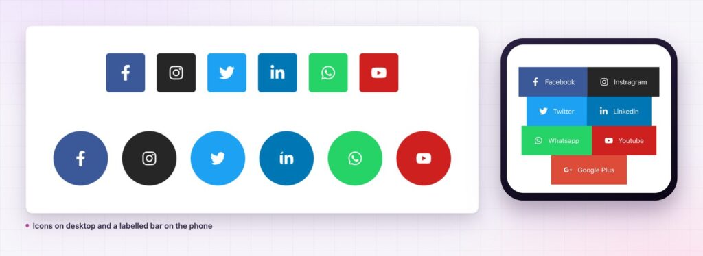 Social icons on desktop and a labelled bar on a phone