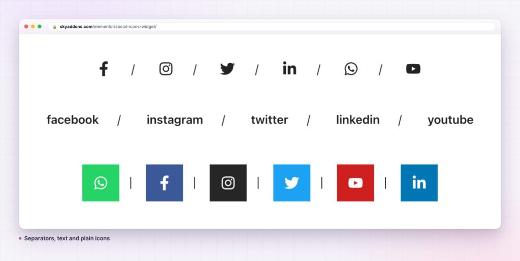 Elementor social icons: separators, text links and plain icons in one widget