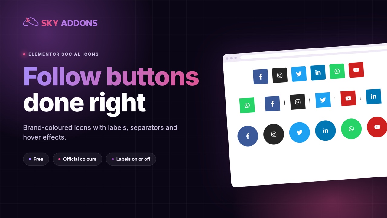 Social icons in Elementor: square icons, separator icons, circles and a labelled bar