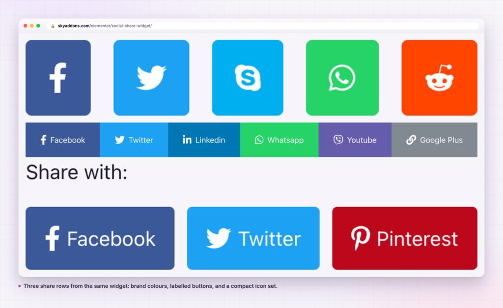 Three social share rows in different styles