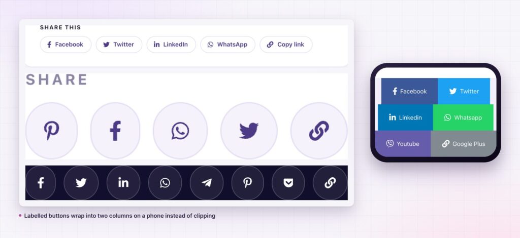 Social share buttons for Elementor on desktop and on a phone