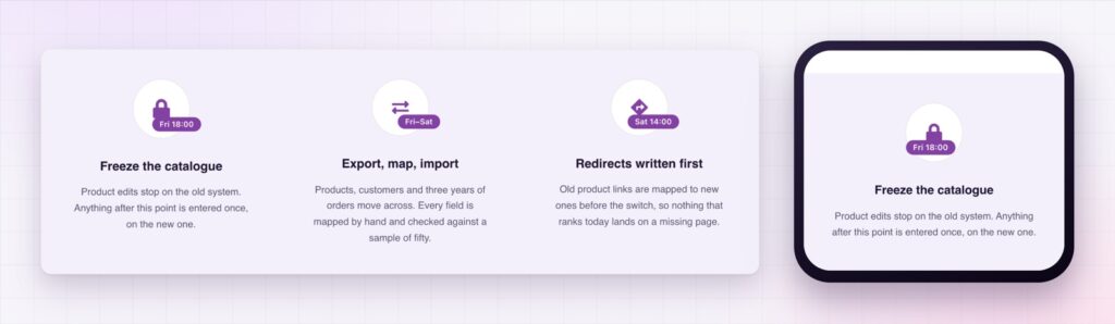 Elementor step flow of a migration on desktop and on a phone