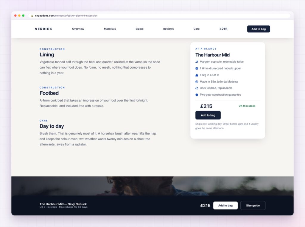 Elementor sticky element keeping a call to action bar pinned while a page scrolls