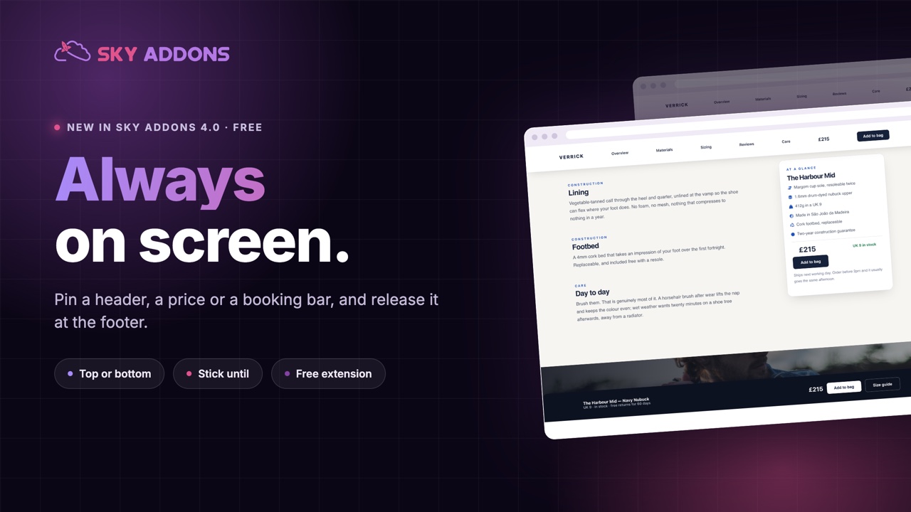 Elementor sticky element keeping a call to action bar pinned while a page scrolls