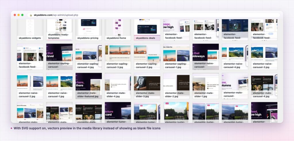 Elementor SVG support previewing vectors in the media library