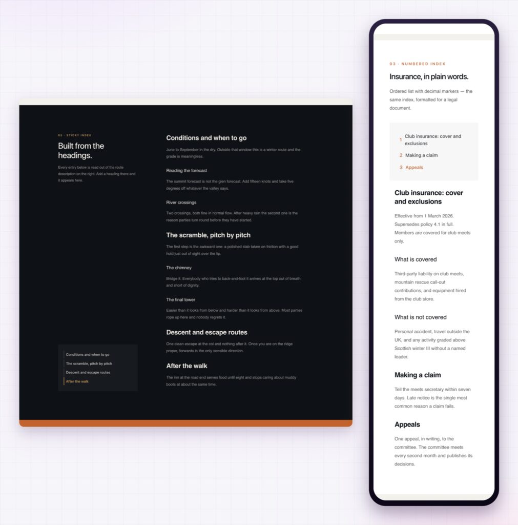 Elementor table of contents on desktop and collapsed on a phone