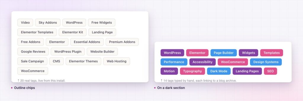 Tags cloud for Elementor as outline chips and on a dark section