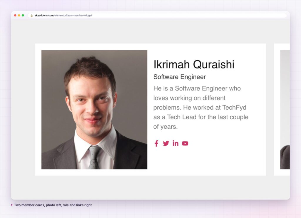 Team member cards for Elementor with photo, role and links