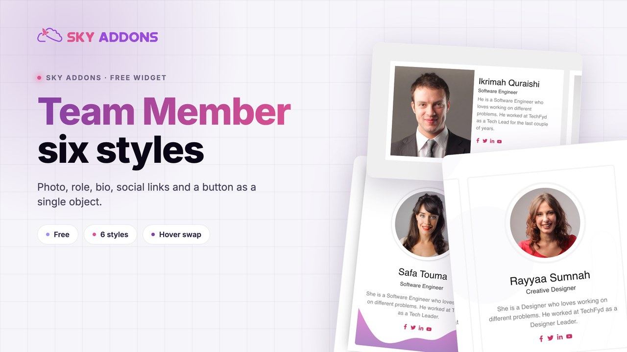 Team member cards for Elementor showing photo, role and social links