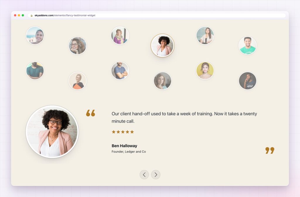 Elementor testimonial widget in the wave layout with avatars above a quote