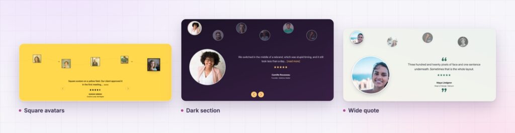 Three Elementor testimonial widget styles from the demo page