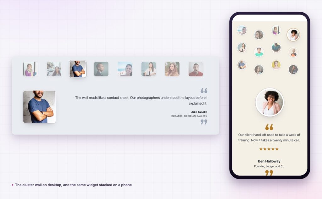 Elementor testimonial widget cluster wall on desktop and stacked on a phone