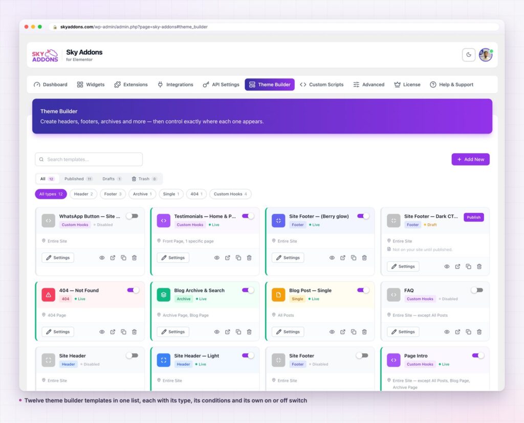 Elementor theme builder template list holding twelve templates