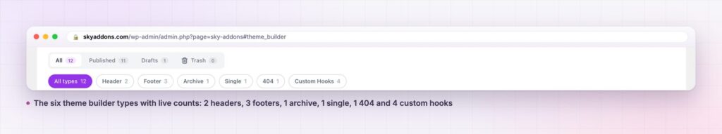 Elementor theme builder type filter showing all six template types