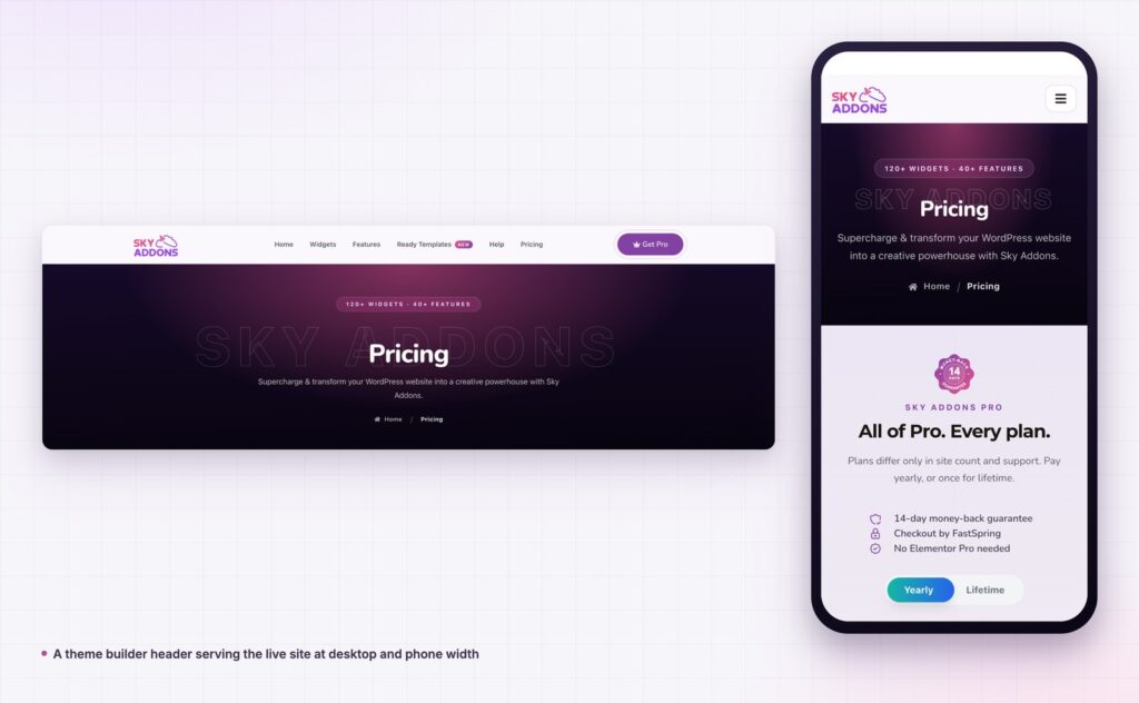 Elementor theme builder header rendered at desktop and phone width