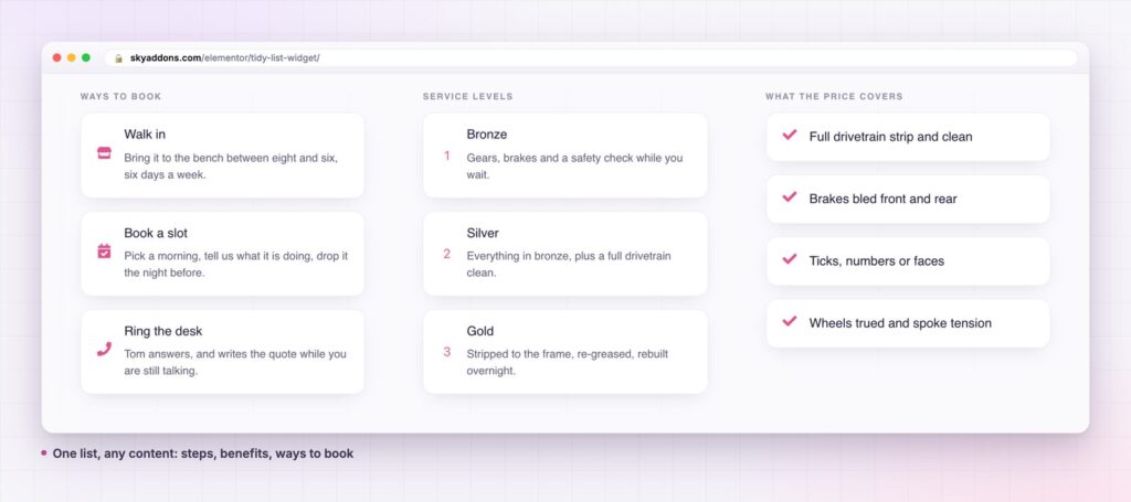 Tidy list in Elementor: ways to book, service levels and what the price covers