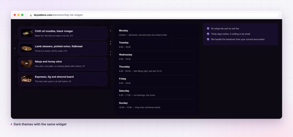Tidy list on dark backgrounds: a menu, opening hours and a plan list