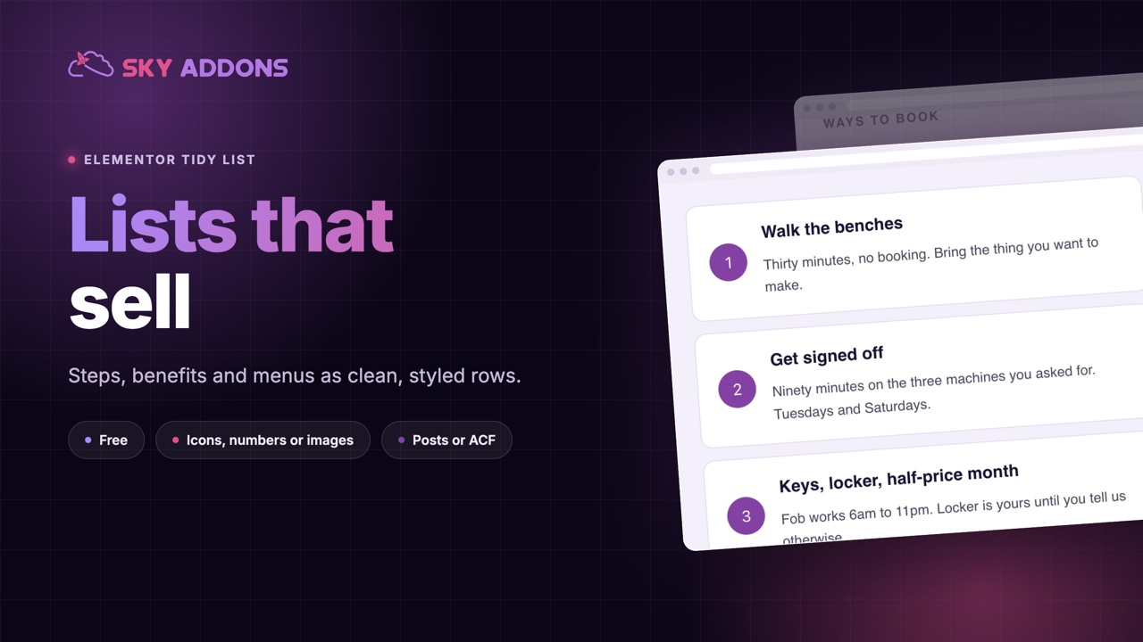 Tidy list in Elementor: ways to book, service levels and what the price covers