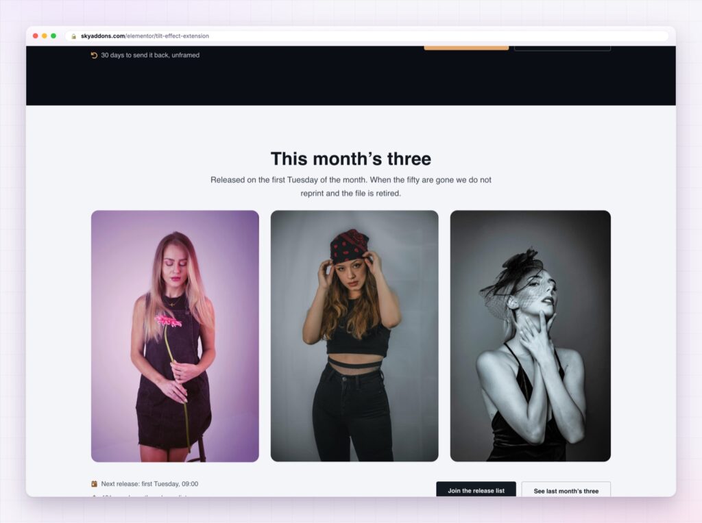 Elementor tilt effect on a product card tilting toward the cursor