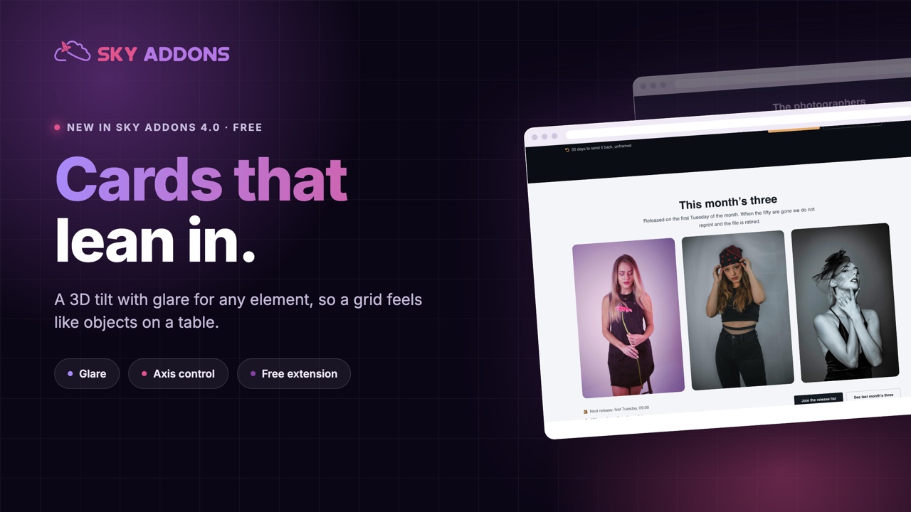 Elementor tilt effect on a product card tilting toward the cursor