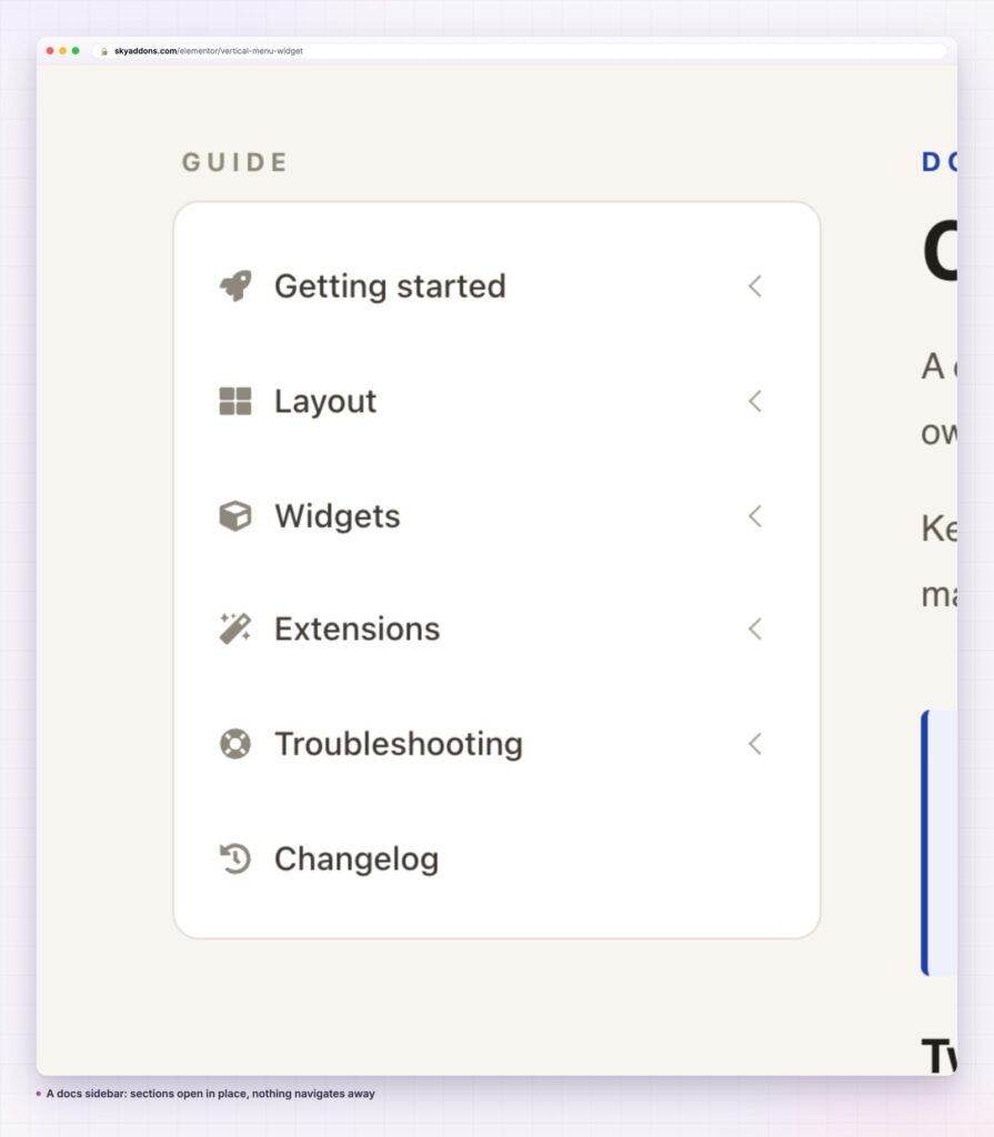 Vertical menu for Elementor as a documentation sidebar
