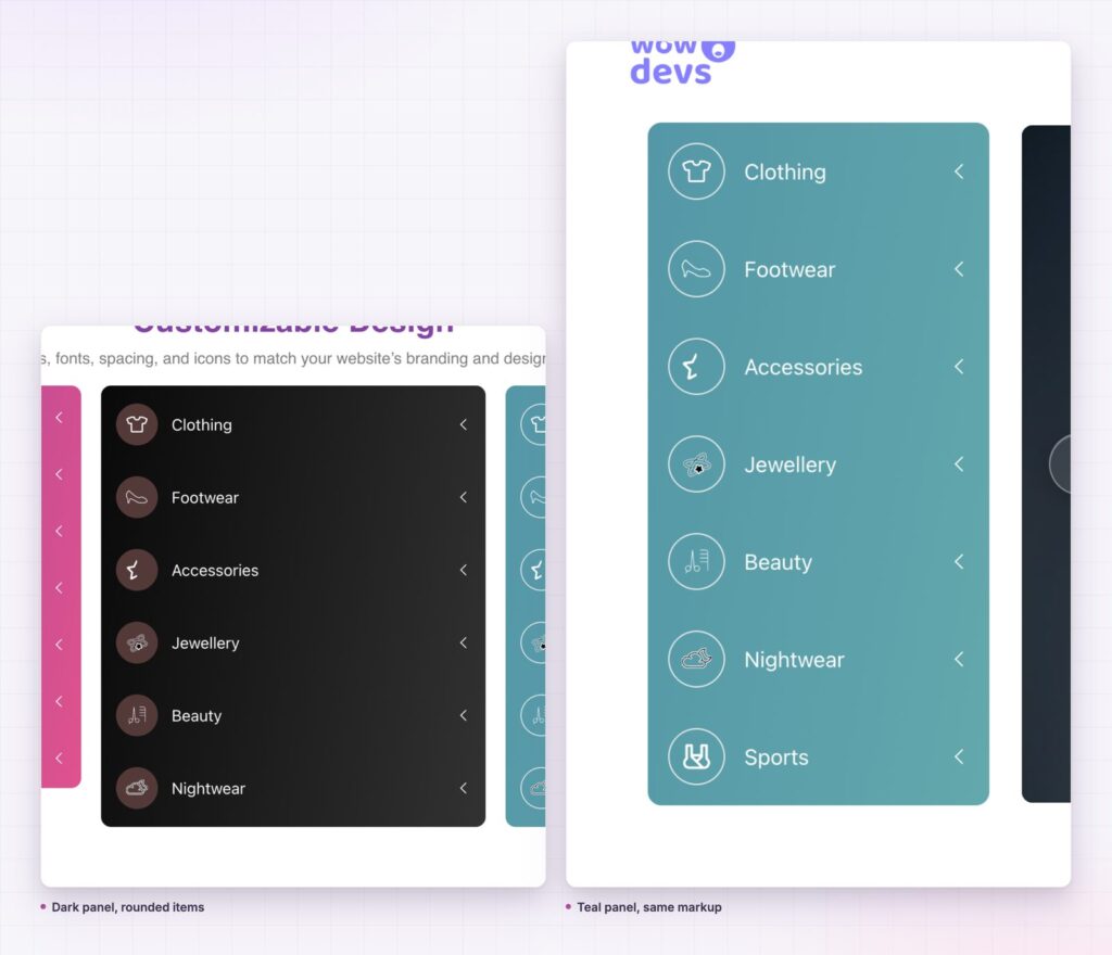 Vertical menu in dark and teal panels