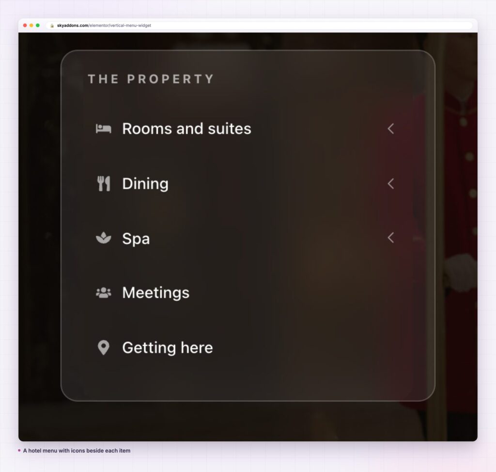 Vertical menu as a hotel menu with icons