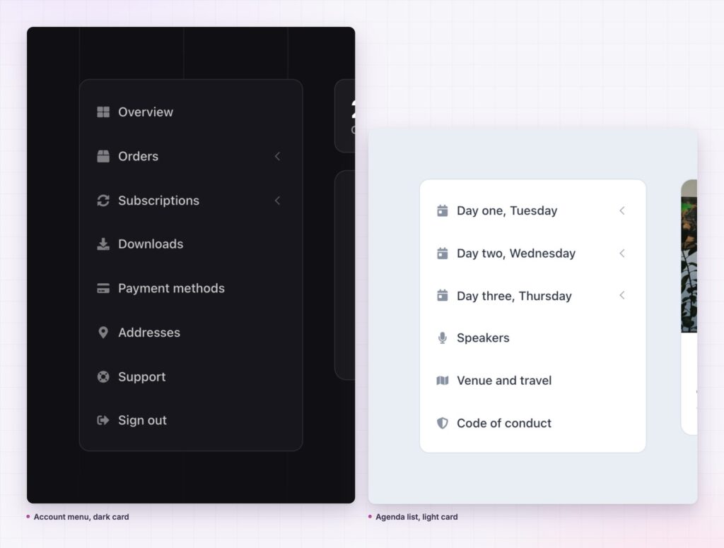 Vertical menu as an account panel and an agenda list