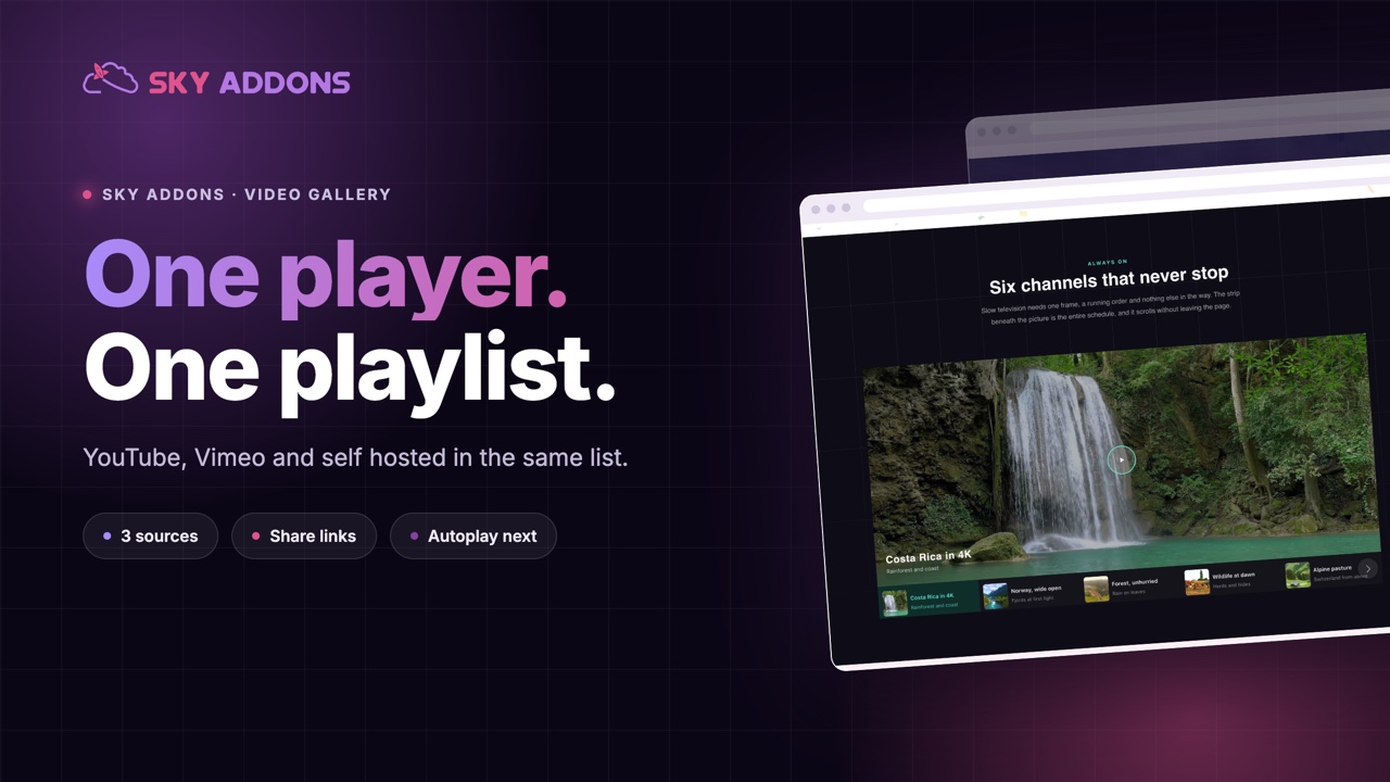 Elementor video gallery showing one player beside a scrolling playlist of videos